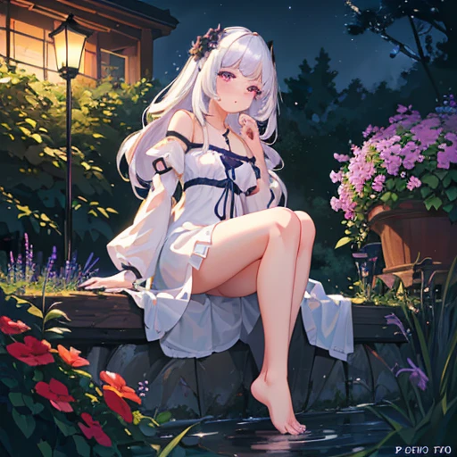 (best quality,4K,8K,high resolution,masterpiece:1.2),Extremely detailed,(Practical,photoPractical,photo-Practical:1.37),illustration,Soft lighting,White hair girl,Deep purple eyes,Glowing eyes,sit down,barefoot,blush,In the garden at night,Flowers.