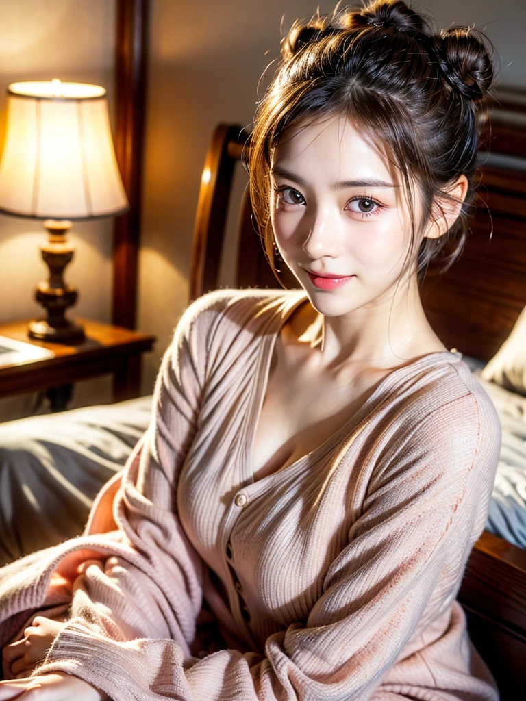 Highest quality，Face Focus，Soft Light，Ultra-high resolution，（Realism：1.4），original photo，1 Japanese girl，Alone，cute，There is a light in the eyes，Every detail is beautiful，High-resolution details of human skin texture，(double bun,22 year old:1.5)，indoor，on the bed，Luxury hotel bedroom，pajamas，portrait，Awkward，blush，Smile，Upper body