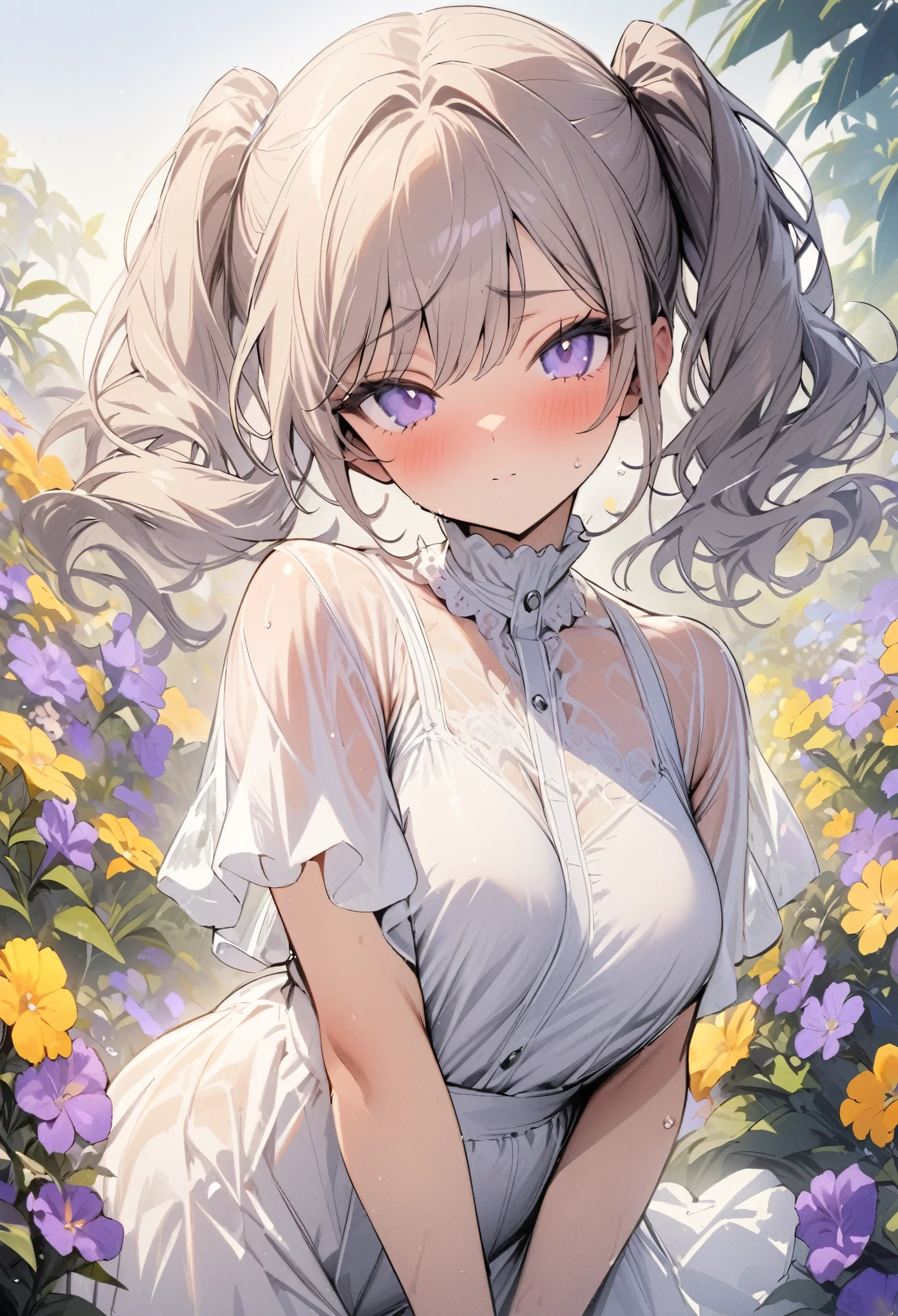 (masterpiece, best quality, high resolution), (detailed skin, detailed face),1girl, twin tails, Tucked Flared Lace see-through Blouse, in summer flower garden