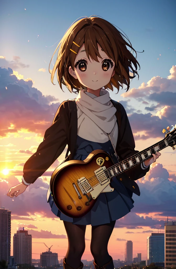 yuihirasawa, Yui Hirasawa, kurzes Haar, braune Haare, Haarschmuck, (braune Augen:1.5),erröten,lächeln,weißer übergroßer Pullover, schwarzer Faltenrock,weiße Strumpfhosen,kurze Stiefel,Haarklammer,Gitarre(Gibson　Der Paul)umdrehen、lächeln、Blick über die Stadt vom Gipfel des Hügels、wunderschöner Sonnenuntergang、der Wind ist stark、ganzer Körperがイラストに入るように,
BRECHEN otdoors, 丘
BRECHEN looking at viewer, ganzer Körper、
BRECHEN (Meisterwerk:1.2), höchste Qualität, hohe Auflösung, Einheit 8k Hintergrundbild, (Form:0.8), (Schöne und schöne Augen:1.6), Sehr detailliertes Gesicht, Perfekte Beleuchtung, Hochdetaillierte CG, (perfekte Hände, perfekte Anatomie),