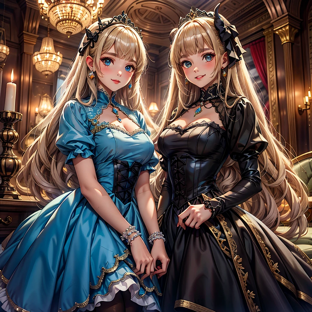 rapide: Résolution 8k, traits délicats, , célibataire, élèves uniques, sourire, blond, coupe princesse, ornement de cheveux en ruban, broche, Robe bleu bonbon brillante, broderie dorée,Style lolita, style gothique, face au public, salle des otakus, démon femelle