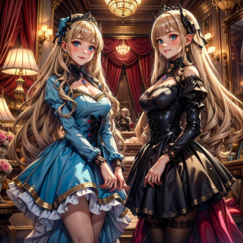 prompt: 8K resolution, Delicate features, , single, Unique pupils, smile, blonde, Princess Cut, Ribbon hair ornament, brooch, Shiny candy blue dress, Gold embroidery,Lolita Style, Gothic style, Facing the audience, Otaku Room, Female demon