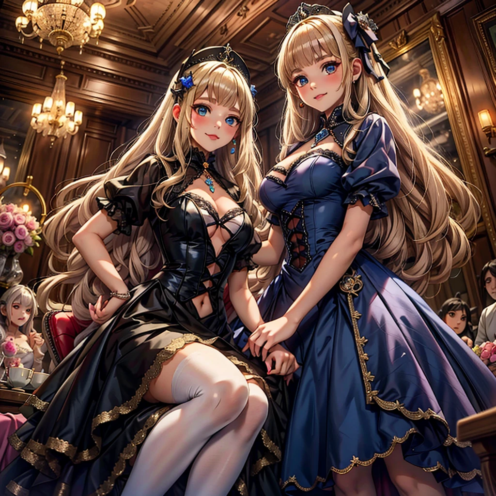 prompt: 8K resolution, Delicate features, , single, Unique pupils, smile, blonde, Princess Cut, Ribbon hair ornament, brooch, Shiny candy blue dress, Gold embroidery,Lolita Style, Gothic style, Facing the audience, Otaku Room, Female demon