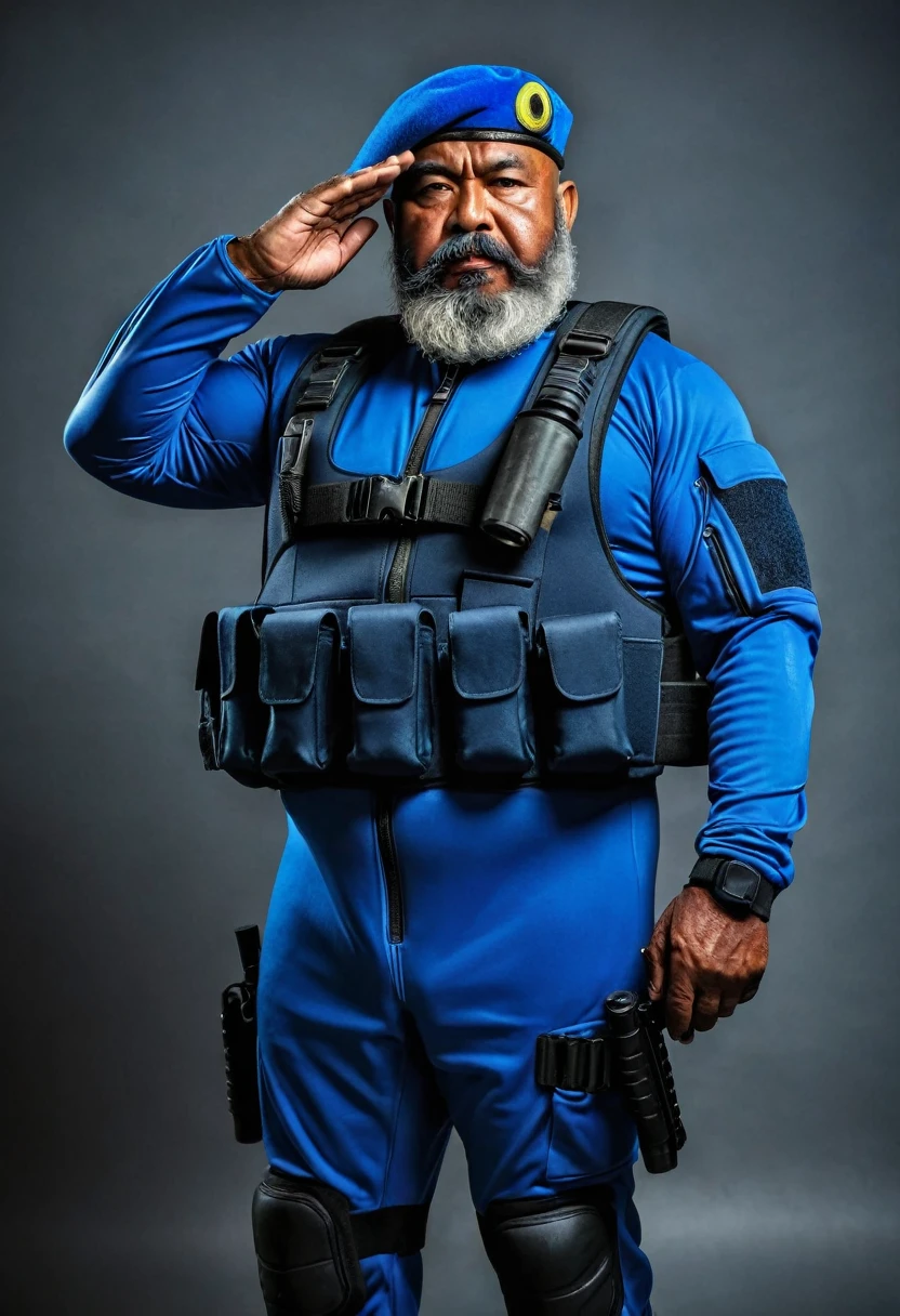 (a dark-skinned bearded fat muscular old man in a bulky blue zipper diver suit) saluting, carrying a gun in holster and (wearing army beret), muscular, Basuki Abdullah, sumatraism, action, a character portrait, heroic, fierce, angry