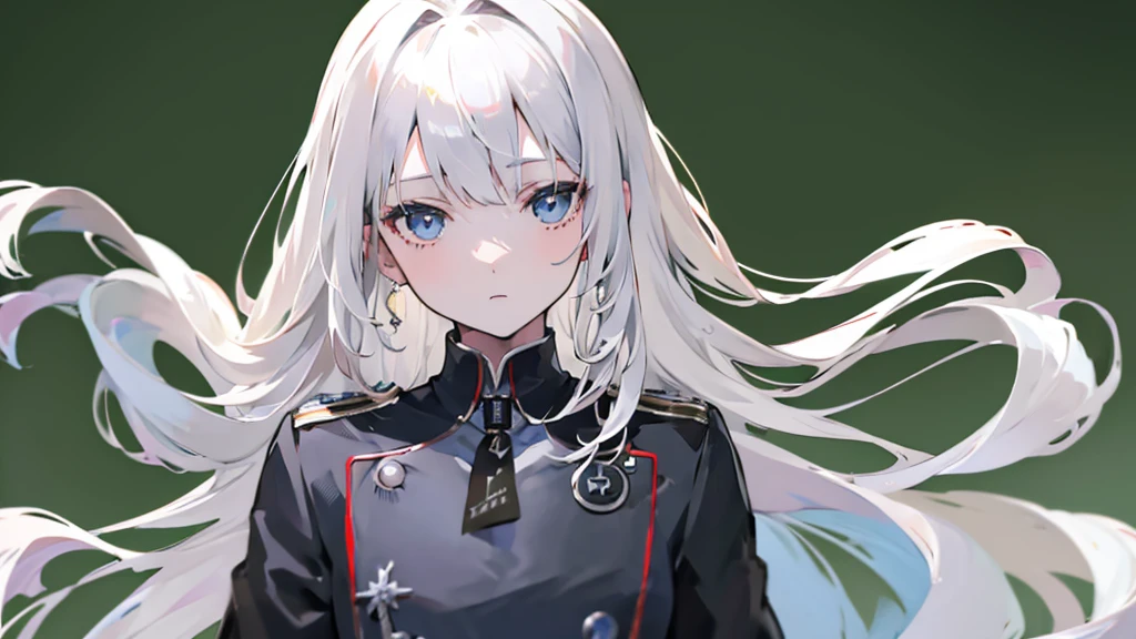 (masterpiece, Highest quality:1.2), highest quality, masterpiece, high resolution, Anime style, portraiture,
 1girl, solo, silver hair, platinum blonde hair, long hair, blue eyes, black military jacket, necktie, epaulette, have a phone in hand, showing phone screen, greenback, no background