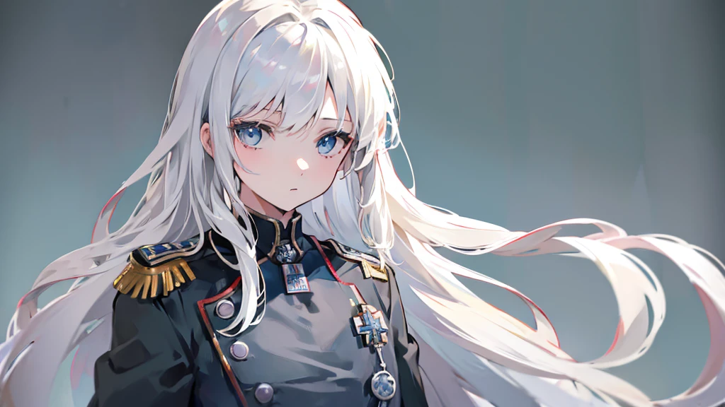 (masterpiece, Highest quality:1.2), highest quality, masterpiece, high resolution, Anime style, portraiture,
 1girl, solo, silver hair, platinum blonde hair, long hair, blue eyes, black military jacket, necktie, epaulette, have a phone in hand, showing phone screen, greenback, no background