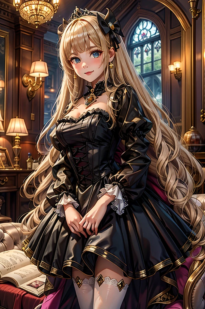 prompt: 8K resolution, Delicate features, , single, Unique pupils, smile, blonde, Princess Cut, Ribbon hair ornament, brooch, Shiny candy blue dress, Gold embroidery,Lolita Style, Gothic style, Facing the audience, Otaku Room, Female demon