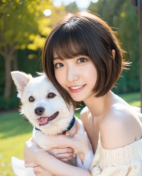 being with a dog、a girl and a dog warming themselves by a bonfire、lens flare、hair blowing in the wind、medium short hair、、express...