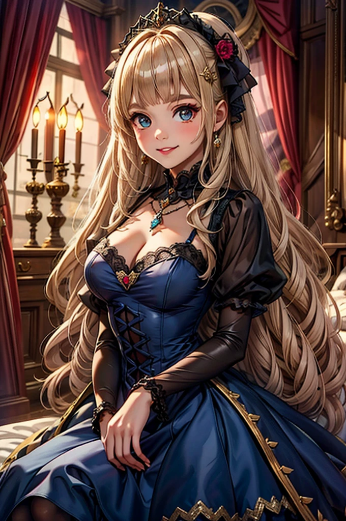 prompt: 8K resolution, Delicate features, , single, Unique pupils, smile, blonde, Princess Cut, Ribbon hair ornament, brooch, Shiny candy blue dress, Gold embroidery,Lolita Style, Gothic style, Facing the audience, Otaku Room, Female demon