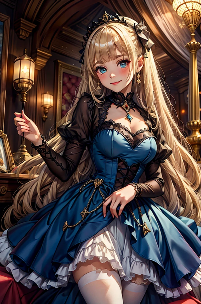 prompt: 8K resolution, Delicate features, , single, Unique pupils, smile, blonde, Princess Cut, Ribbon hair ornament, brooch, Shiny candy blue dress, Gold embroidery,Lolita Style, Gothic style, Facing the audience, Otaku Room, Female demon