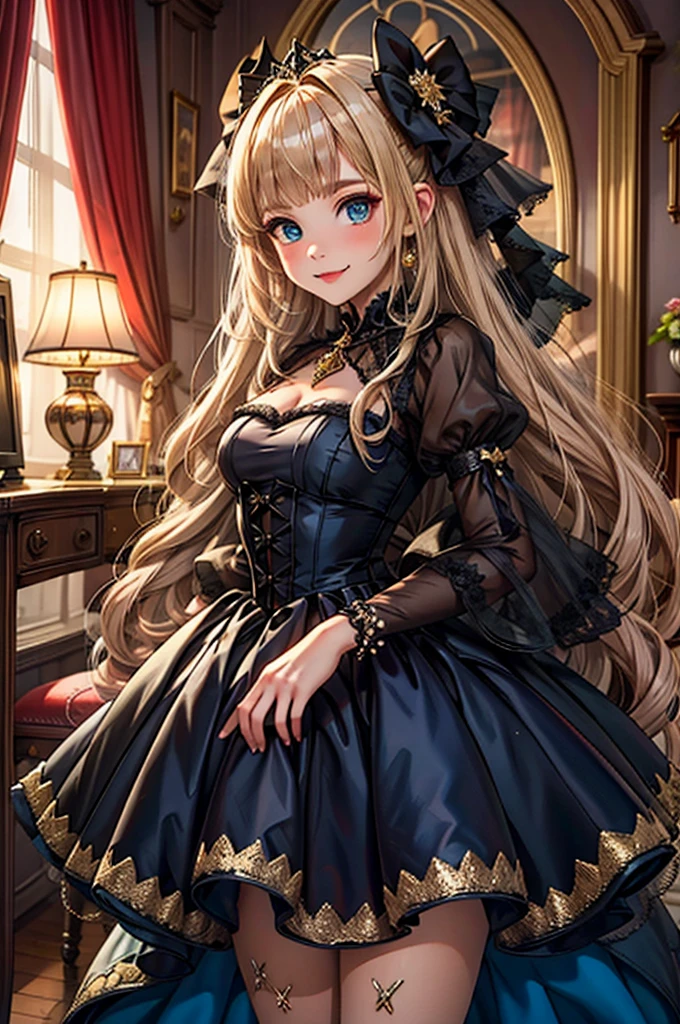 rapide: Résolution 8k, traits délicats, , célibataire, élèves uniques, sourire, blond, coupe princesse, ornement de cheveux en ruban, broche, Robe bleu bonbon brillante, broderie dorée,Style lolita, style gothique, face au public, salle des otakus, démon femelle