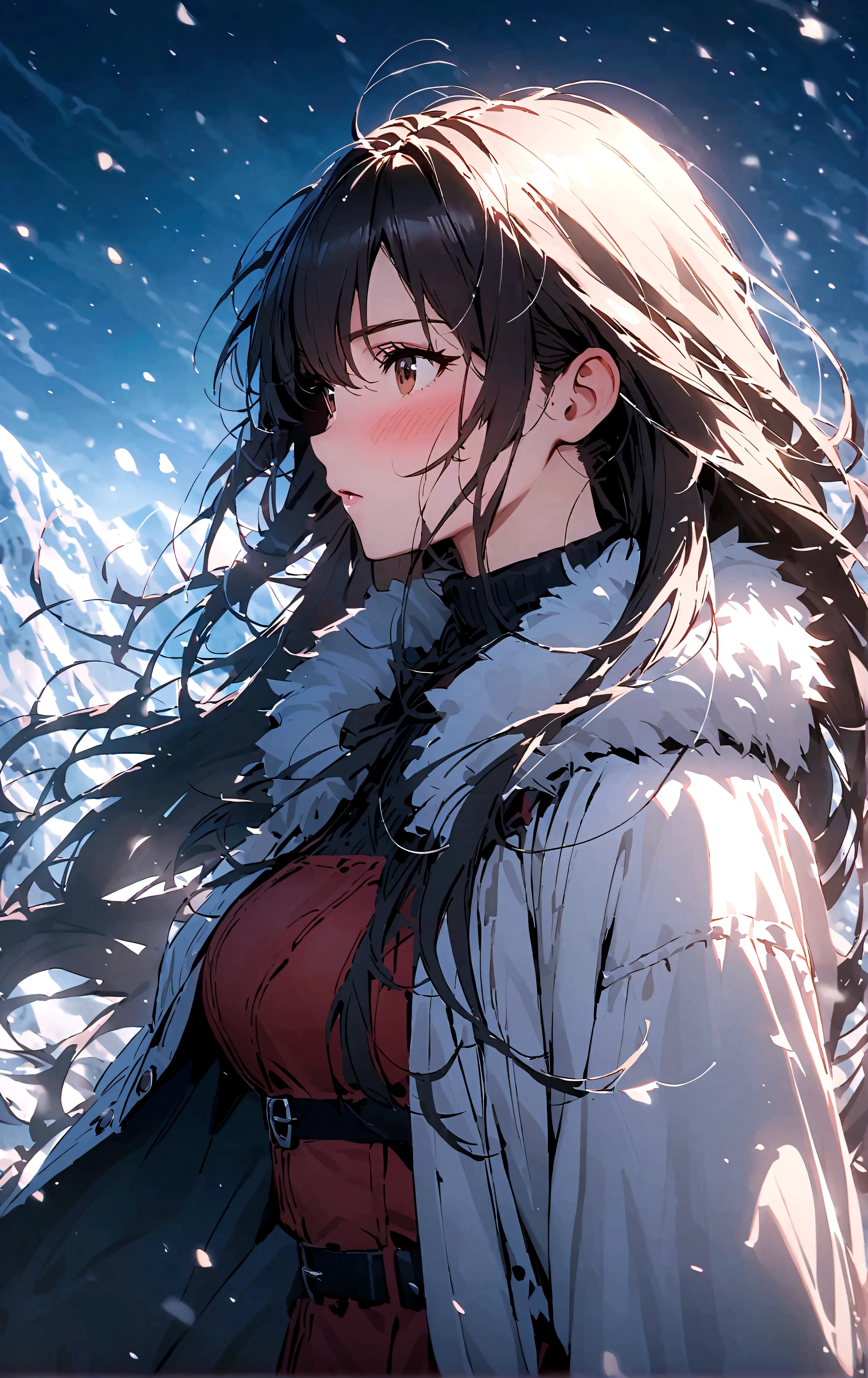 winter，Fur collar，one person，Snow Country，Long hair，Sexy，blush，Wind blowing through hair