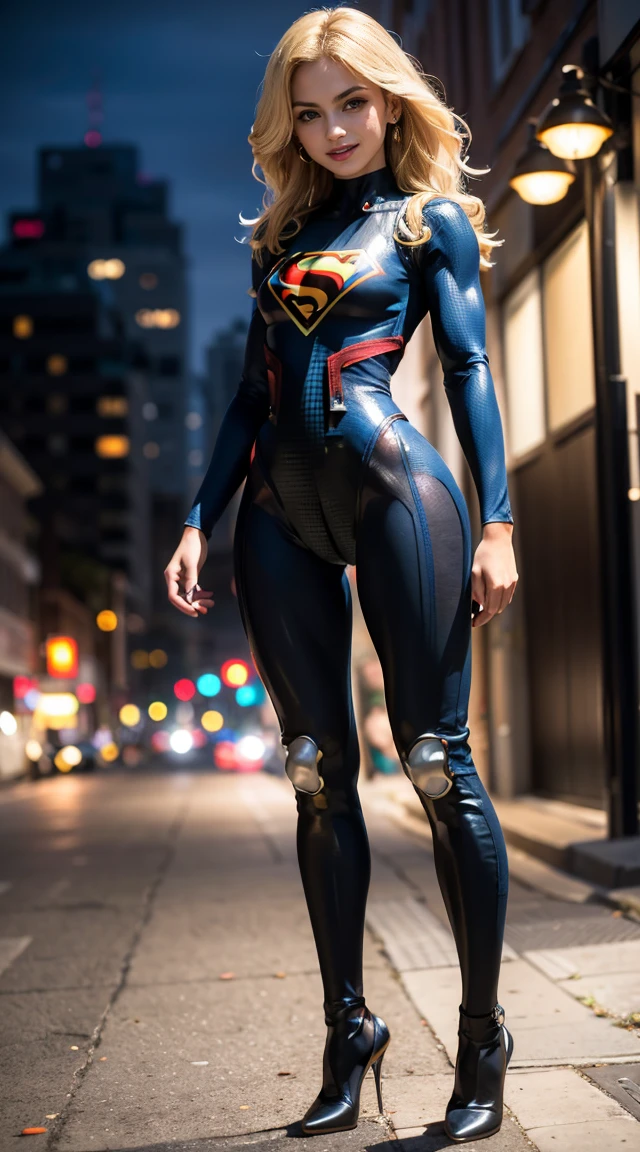 (Muscular:1.5), (thick thighs:1.4),
blonde female, supergirl, big smile,
earrings, lipstick, eyeshadow,
small breasts,
(full body suit, bodysuit:2),
looking at viewer, three quarter view,
flying, in midair, rim lighting, two tone lighting, dim lighting, bokeh, detailed skin, detailed eyes