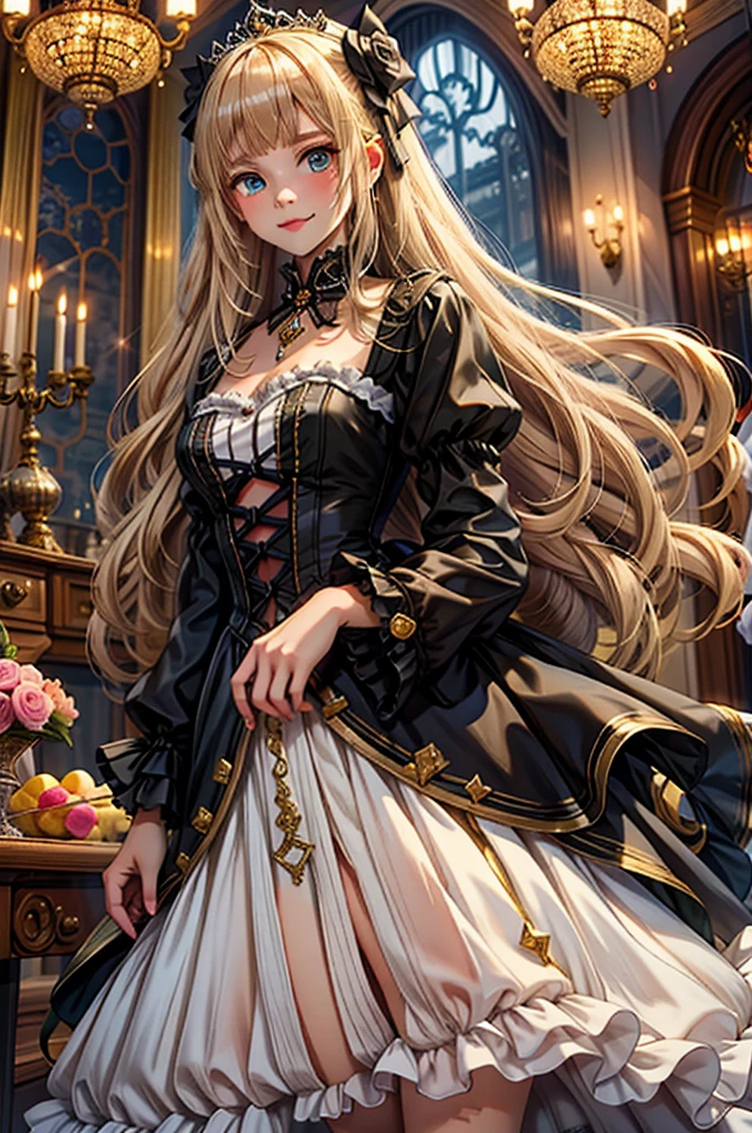 prompt: 8K resolution, Delicate features, , single, Unique pupils, smile, blonde, Princess Cut, Ribbon hair ornament, brooch, Shiny candy blue dress, Gold embroidery,Lolita Style, Gothic style, Facing the audience, Otaku Room, Female demon