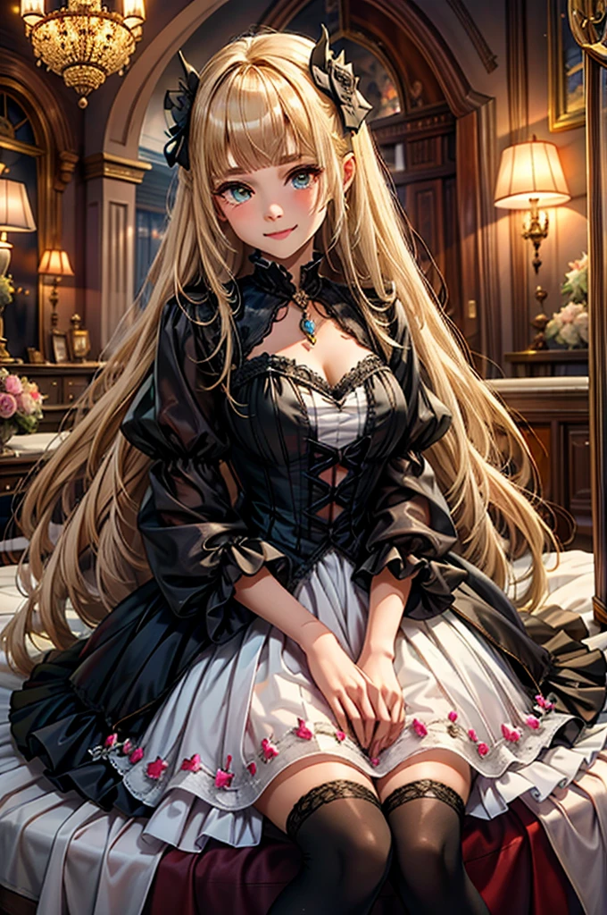 rapide: Résolution 8k, traits délicats, , célibataire, élèves uniques, sourire, blond, coupe princesse, ornement de cheveux en ruban, broche, Robe bleu bonbon brillante, broderie dorée,Style lolita, style gothique, face au public, salle des otakus, démon femelle