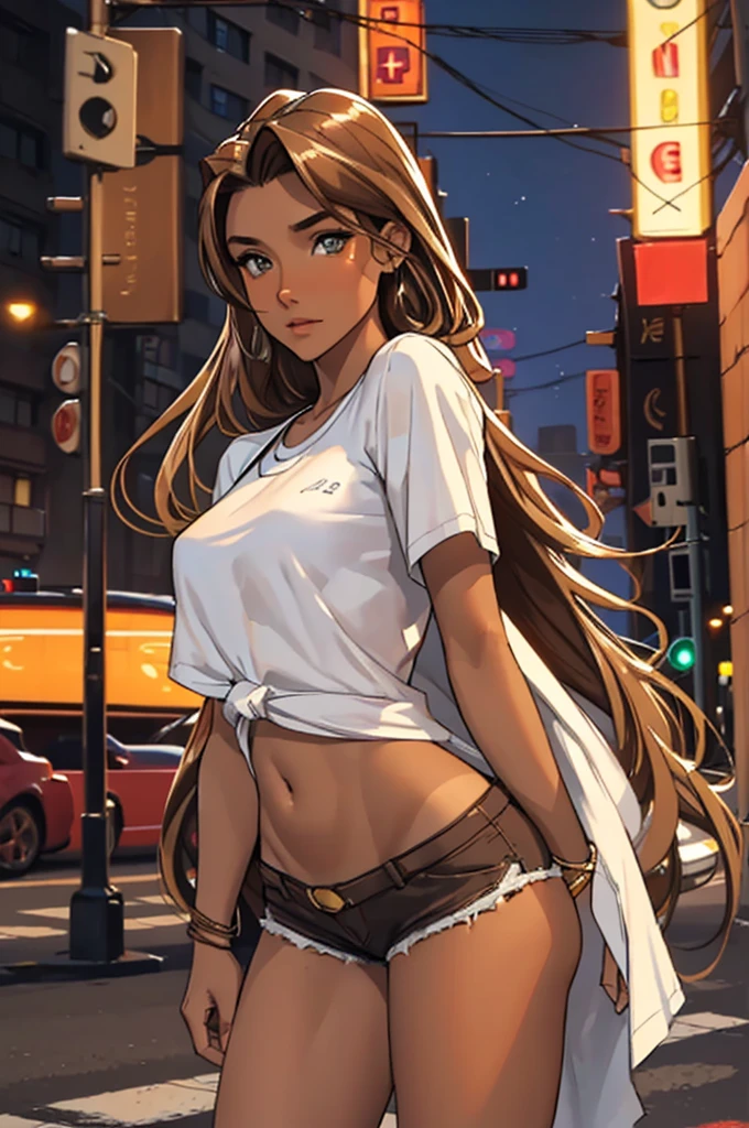 (best quality: 1.2), clean face, (masterpiece: 1.2, 8k)(PureErosFace_V1: 0.7), perfect anatomy, 1girl,a beautiful fashion model ,(masterpiece, official art, best quality) (hazel eyes) ,long and shiny hair, brown hair with blonde streaks in hair, long hair, full lips, upturned nose ((((tan skin, bronze skin, 1.3)))), big , lifstrangerachel looking at viewer, revealing outfit, absurdity, intricate details, city, dimanic pose, night, neon signs, cinematic lighting, (highly detailed skin: 1.2), wearing
 short shorts and a loose white shirt