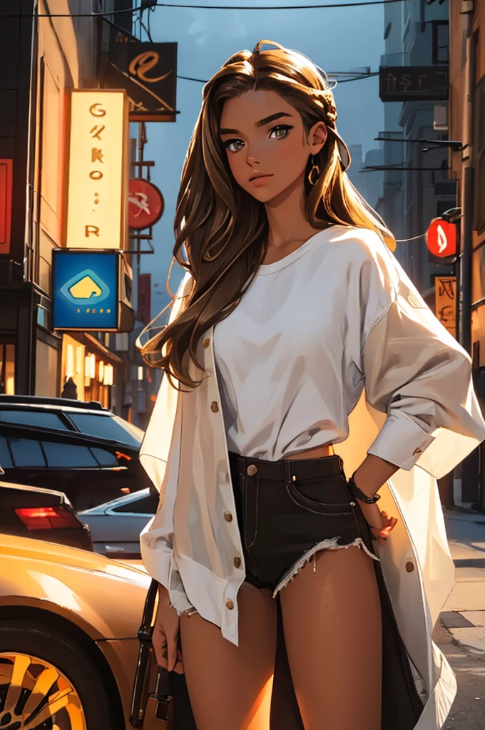 (best quality: 1.2), clean face, (masterpiece: 1.2, 8k)(PureErosFace_V1: 0.7), perfect anatomy, 1girl,a beautiful fashion model ,(masterpiece, official art, best quality) (hazel eyes) ,long and shiny hair, brown hair with blonde streaks in hair, long hair, full lips, upturned nose ((((tan skin, bronze skin, 1.3)))), big , lifstrangerachel looking at viewer, revealing outfit, absurdity, intricate details, city, dimanic pose, night, neon signs, cinematic lighting, (highly detailed skin: 1.2), wearing
 short shorts and a loose white shirt