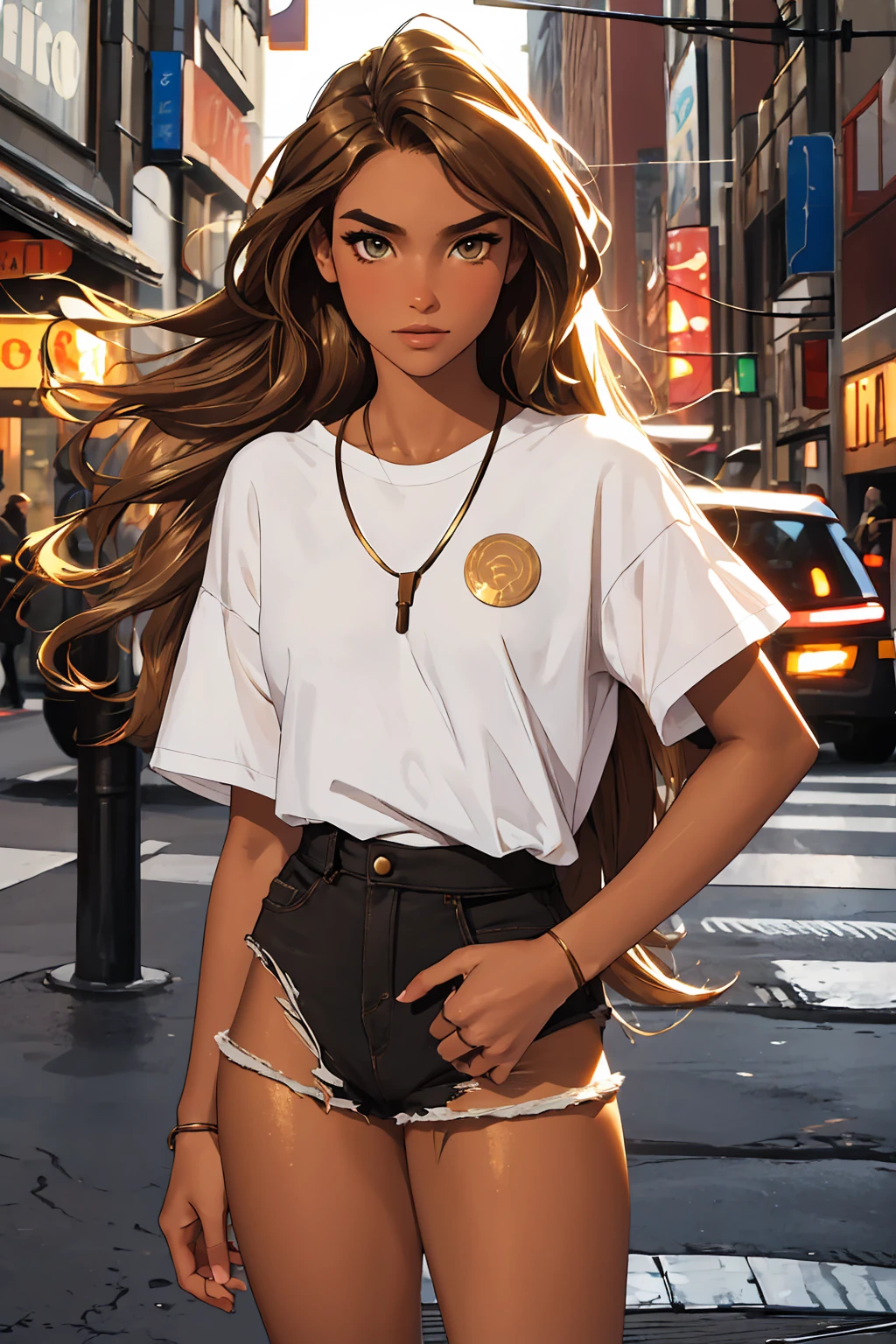 (best quality: 1.2), clean face, (masterpiece: 1.2, 8k)(PureErosFace_V1: 0.7), perfect anatomy, 1girl,a beautiful fashion model ,(masterpiece, official art, best quality) (hazel eyes) ,long and shiny hair, brown hair with blonde streaks in hair, long hair, full lips, upturned nose ((((tan skin, bronze skin, 1.3)))), big , lifstrangerachel looking at viewer, revealing outfit, absurdity, intricate details, city, dimanic pose, night, neon signs, cinematic lighting, (highly detailed skin: 1.2), wearing
 short shorts and a loose white shirt