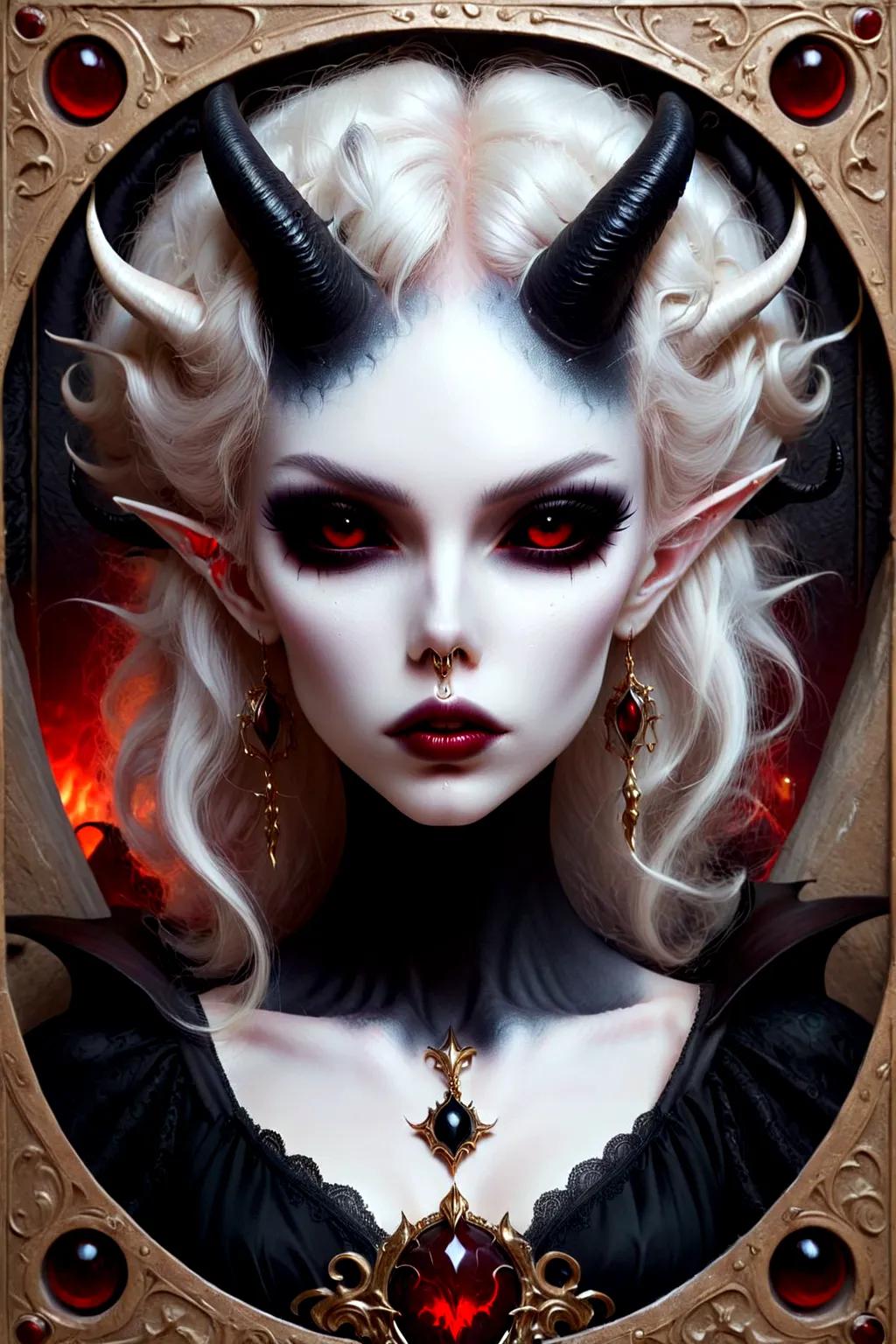 arafed image of a woman with horns and red eyes, beautiful elegant demon queen, white horns queen demon, vampire portrait, portr...