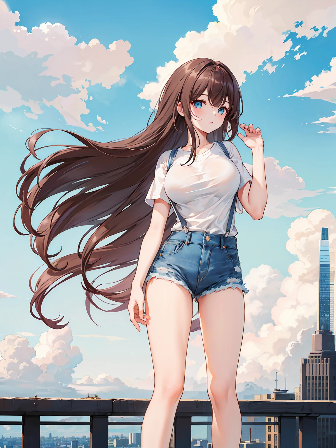 (Daytime, Excellent, 8K, Masterpiece:1.3)), Full body, Long legs, Focal length: 1.2, Perfect Body Beauty: 1.4, Slim Abs: 1.1, ((Dark Brown Hair, Big Breasts: 1.2 )), (White Skinny T-shirt, Denim Suspenders, Standing: 1.2), ((City, Blue Sky and White Clouds: 1.3)), Highly detailed face and skin texture, Detailed eyes, Double eyelids, Flying long hair