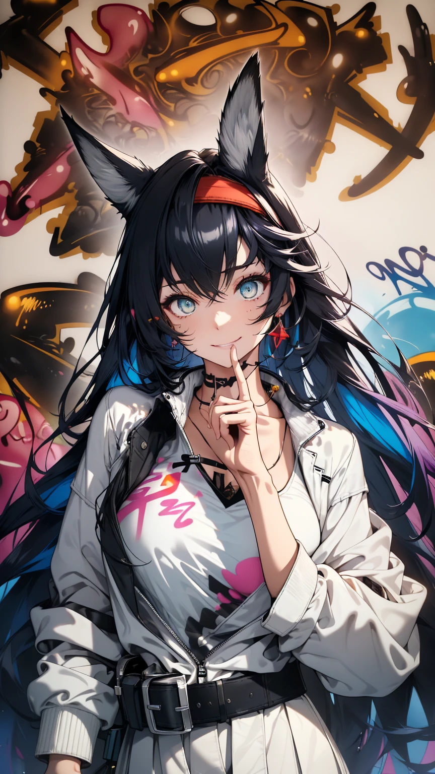 masterpiece, Best quality, 1 girl, One, BLAZE (Arknights), (graffiti:1.5), splashes of paint, (red, black, pink, yellow, green, blue, violet) руки на beltе, near the wall, Looking at the viewer, breast, split, (long hair, black hair, animal ears, blue eyes, red hairband), (White shirt, White jacket, skirt, belt, gloves, hips), smile, Beautiful eyes, very detailed skin, (detailed face), detailed eyes, beautiful hands, perfect hands, Paint on the body,