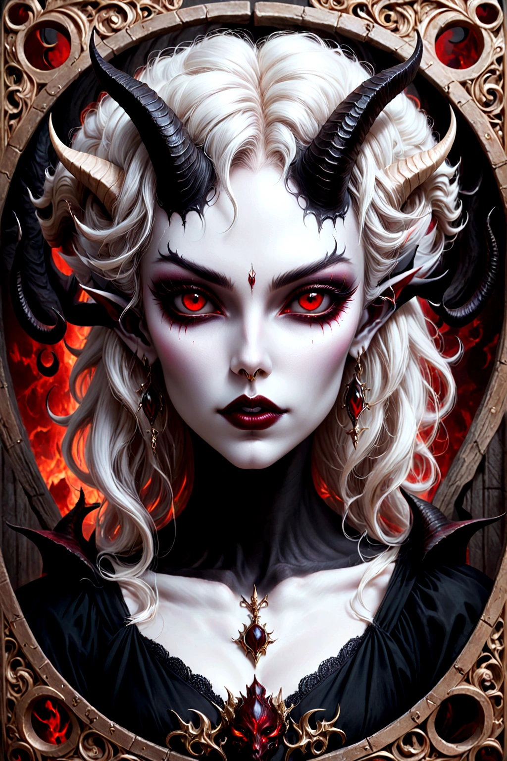 arafed image of a woman with horns and red eyes, beautiful elegant demon queen, white horns queen demon, vampire portrait, portrait of demon girl, beautiful vampire queen, gothic fantasy art, beautiful vampire female queen, beautiful succubus, demoness, in style of dark fantasy art, succubus | medieval, portrait of a dark goddess, dark fantasy portrait