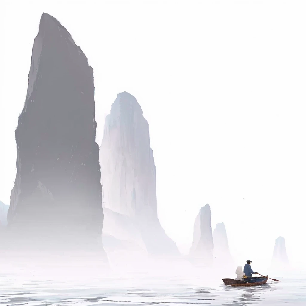 There is a man in a boat in the middle of the water, Floating mountains, by Xia Yong, by Cheng Jiasui, by Qu Leilei, author：Song Xu, Nguyen Gia, author：Xia Gui, author：Ye Xin, Fanhao Photography, author：Yang Jin, Zhang Xuan, Chinese painting style, Pan Tianshou