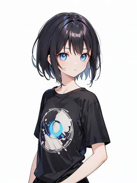 1girl, solo, blue eyes, (detailed eyes), flat chest, short hair, black hair, ((black t-shirt)), simple t-shirt, black skirt, bla...