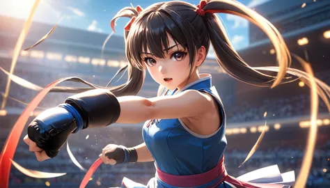 1girl, twintail girl, fighting, high kick, anime style, perfect face, long eyelashes, cinematic angle, cinematic lighting, cinem...