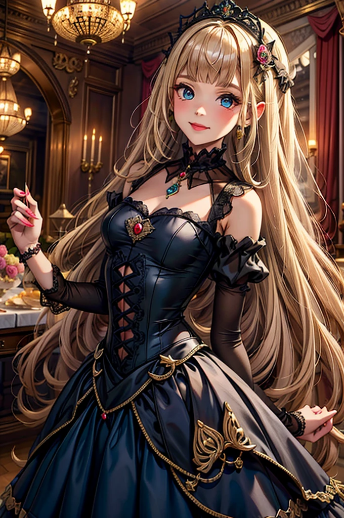 rapide: Résolution 8k, traits délicats, , célibataire, élèves uniques, sourire, blond, coupe princesse, ornement de cheveux en ruban, broche, Robe bleu bonbon brillante, broderie dorée,Style lolita, style gothique, face au public, salle des otakus, démon femelle, Petite largeur des lèvres, les lèvres sont petites, expression gênée, 