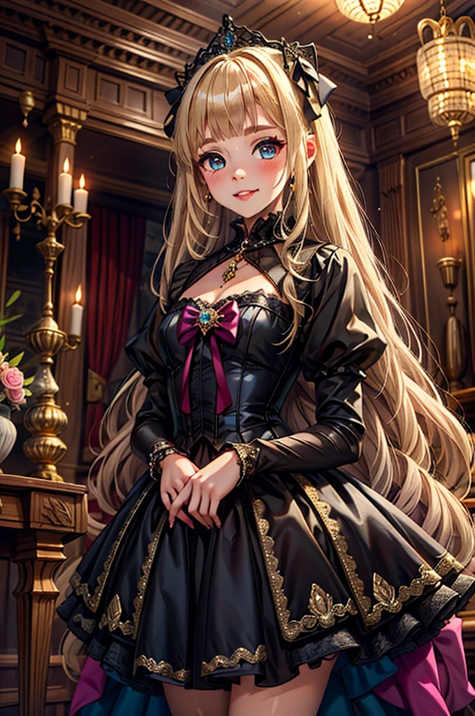 prompt: 8K resolution, Delicate features, , single, Unique pupils, smile, blonde, Princess Cut, Ribbon hair ornament, brooch, Shiny candy blue dress, Gold embroidery,Lolita Style, Gothic style, Facing the audience, Otaku Room, Female demon, Small lip width, lips are small, Embarrassed expression, 