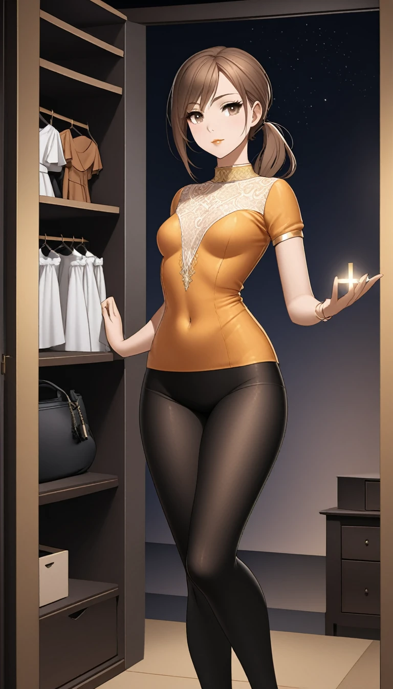 Beautiful woman with mid straight ponytail brown hair with brown eyes wearing Black Tight Leggings, Orange Sexy Mock Neck Short Sleeves Blouse,18k gold wedding ring on left hand, standing with cross-legged in her closet at night, (caucasian skin), (light brown lipstick), (elegant mascara), (slim body), (small breasts), (wide hips), midjourney, <lora:GoodHands-, <lora:GoodLegs-, UHD, high resolution, (expressive eyes, perfect face, full body, expressive face, perfect body, perfect pussy, athletic, fit, slim body, blushing, Perfect makeup, eyeliner, beautiful eyelashes, smiling, horny face), ((best illumination, best shadows)), ((sexy pose))