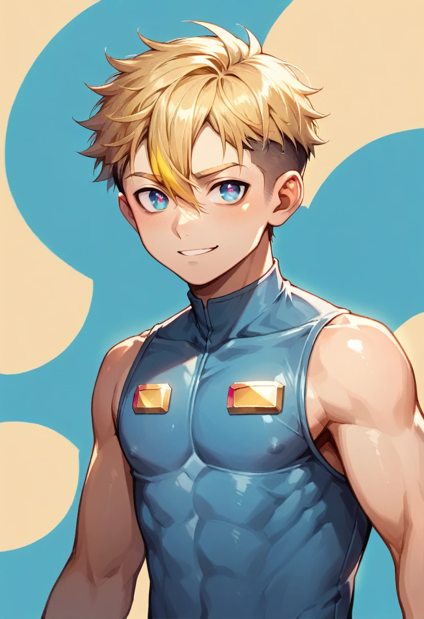 (One boy:1.4), (very short hair), Crew Cut, (alone:1.4), SFW, (bulge:0.4), Male characters, ((masterpiece)),
Multicolored background, Hair between the eyes, Eye highlights, (Blonde:1.4)
(Blue rash guard :1.1), (hot pants:1.2) , Colorful eyes,  Male characters, Male Focus,
Multiple details, null, Ocean, Beach , outside, short hair, good looking,  Beautiful Eyes (Vocaloid), Delicate features, Eye highlights, (Narrow jaw:1.5), Triangular chin, (Introvert:1.6)
, young, juvenile, short hair, Male face, Detailed beautiful little boy, Adorable boy, Sparkling eyes,
Wicked Smile,  Cheerful eyes