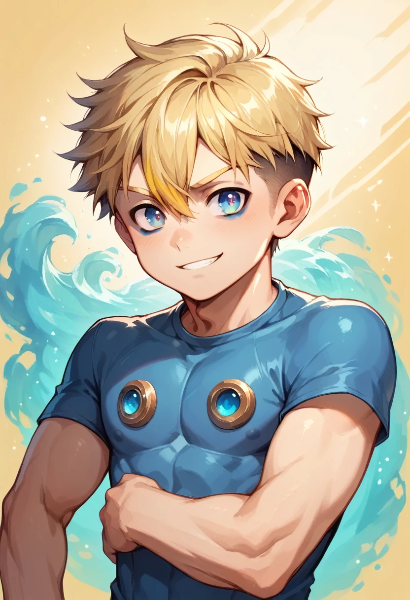 (One boy:1.4), (very short hair), Crew Cut, (alone:1.4), SFW, (bulge:0.4), Male characters, ((masterpiece)),
Multicolored background, Hair between the eyes, Eye highlights, (Blonde:1.4)
(Blue rash guard :1.1), (hot pants:1.2) , Colorful eyes,  Male characters, Male Focus,
Multiple details, null, Ocean, Beach , outside, short hair, good looking,  Beautiful Eyes (Vocaloid), Delicate features, Eye highlights, (Narrow jaw:1.5), Triangular chin, (Introvert:1.6)
, young, juvenile, short hair, Male face, Detailed beautiful little boy, Adorable boy, Sparkling eyes,
Wicked Smile,  Cheerful eyes