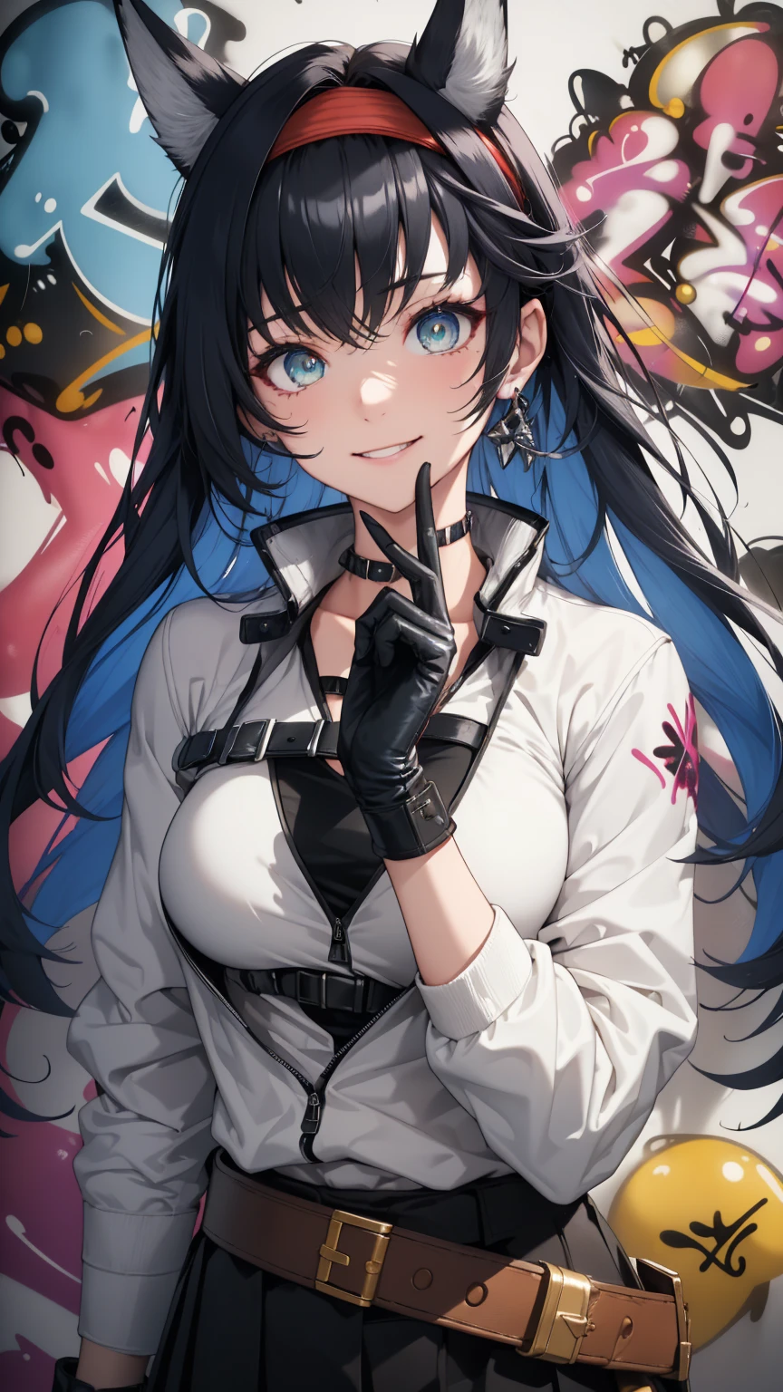 masterpiece, Best quality, 1 girl, One, BLAZE (Arknights), (graffiti:1.5), splashes of paint, (red, black, pink, yellow, green, blue, violet), руки на beltе, near the wall, Looking at the viewer, breast, split, (long hair, black hair, animal ears, Blue eyes, red hairband), (White shirt, White jacket, skirt, belt, gloves), smile, Beautiful eyes, very detailed skin, (detailed face), detailed eyes, beautiful hands, perfect hands, Paint on the body, head tilt,