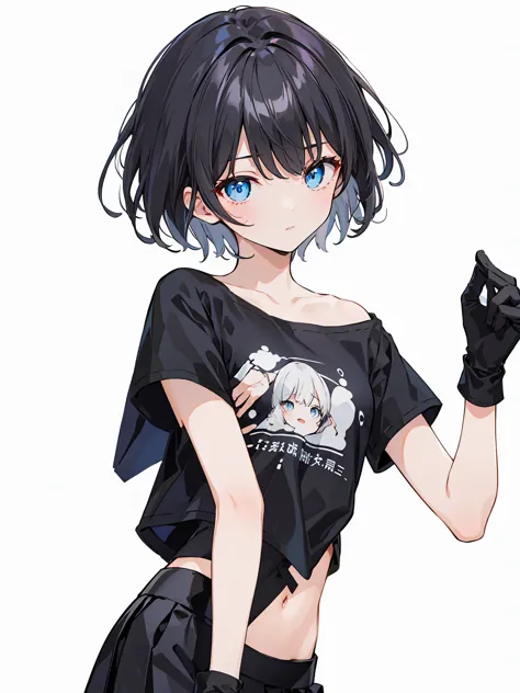 1girl, solo, blue eyes, (detailed eyes), flat chest, short hair, black hair, ((black t-shirt)), simple t-shirt, black skirt, bla...