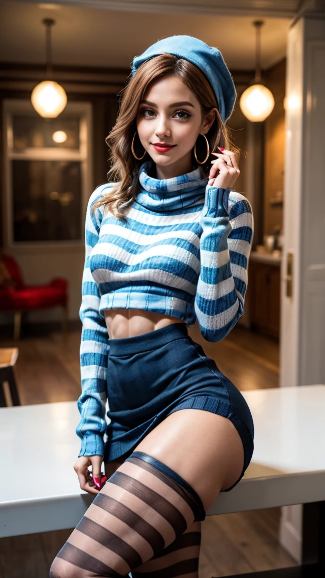 (Muscular:2), (thick thighs:2), 
french female, (red hair), (big smile:1.4),
(eyeshadow, lipstick, red lips, hoop earrings:1.5)
(neck bandana:1.4), (frenchgirlstyle, blue striped pullover, horizontal stripes:2), beret, pullover, (pencil skirt, skirt slit:1.5), (pantyhose:1.5), (stiletto heels:1.6),
looking at viewer, three quarter view,
(dark bedroom), rim lighting, detailed skin, detailed eyes, two tone lighting, bokeh