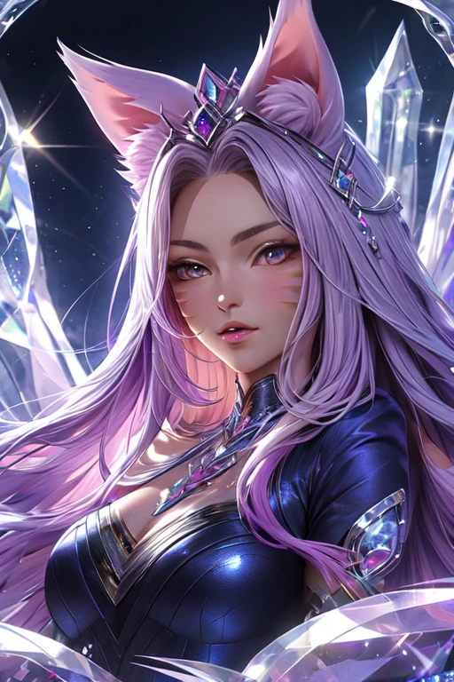 ((best quality)), ((masterpiece)), (detailed), humanoid, rainbow colored kitsune, crystal crown above head, light purple hair, light purple fox ears, crystallized foxtails, crystal foxtails, crystal forehead markings