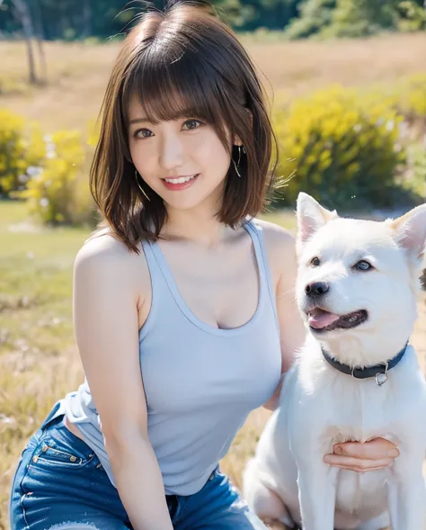 tank top and jeans、super delicate dog expression、being with a dog、a girl and a dog warming themselves by a bonfire、lens flare、ha...