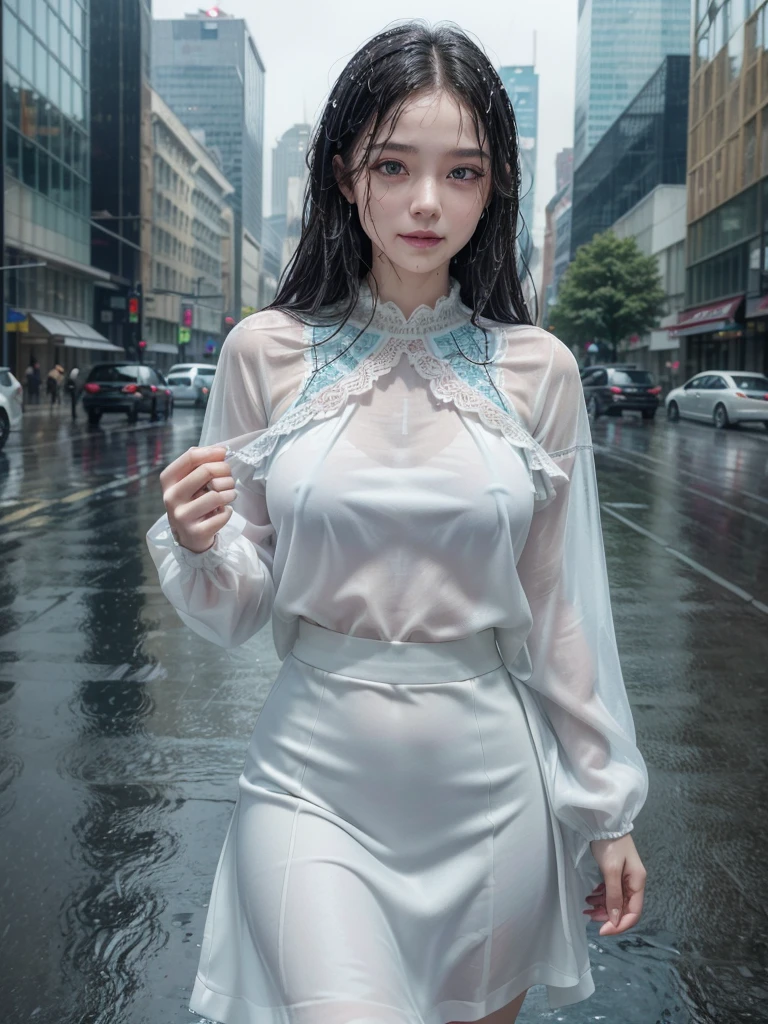 ((best quality, 8K, masterpiece: 1.3)),upper body,Black Hair, black eye,sharp focus: 1.2, beautiful woman with a perfect body: 1.4, ((Medium Hair, large: 1.2)), (small and beautiful hard (White long sleeve blouse with lace、Silk Tight dark turquoise long skirt), (wet from rain: 1.2), (rain, street: 1.2), wet body: 1.1, Highly detailed face and skin texture, detailed eyes, double eyelids, White skin,,E cup,smile,Financial district of the big city,Skyscraper,White skin,Wet Hair、Wet Skin、Wet clothes
