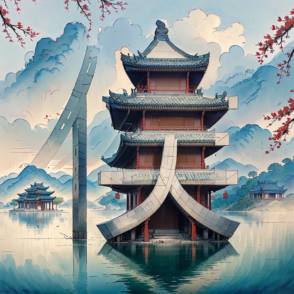 (Depth of field effect) (Chinese ancient architecture group on isolated island), (Tower, Building) (Pavilion, miscellaneous trees, Clouds, green trees, maple trees, red trees, small stones, small birds), Chinese watercolor style, (Chinese painting style), Chinese landscapes, Traditional Chinese watercolor paintings, Chinese paintings, watercolor 8K, (reflections), clear boundaries between light and shadow, light and shadow, light and shadow effect, masterpiece, super details, epic work,  ultra high definition, high quality, very detailed, official art, unified 8K wallpaper, super details, Contrast between light and dark.