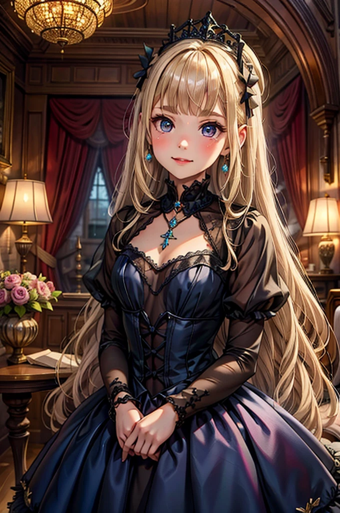 prompt: 8K resolution, Delicate features, , single, Unique pupils, smile, blonde, Princess Cut, Ribbon hair ornament, brooch, Shiny candy blue dress, Gold embroidery,Lolita Style, Gothic style, Facing the audience, Otaku Room, Female demon, Narrow Mouth, Small lips, Embarrassed expression, Small mouth, Thin lips, Embarrassed expression, Overall view, Zoom out, whole body, 