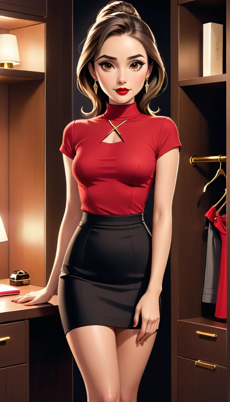 Beautiful woman with mid straight ponytail brown hair with brown eyes wearing Black Tight Skirt, Red Sexy Mock Neck Short Sleeves Blouse,18k gold wedding ring on left hand, standing with cross-legged in her closet at night, (caucasian skin), (light brown lipstick), (elegant mascara), (slim body), (small breasts), (wide hips), midjourney, <lora:GoodHands-, <lora:GoodLegs-, UHD, high resolution, (expressive eyes, perfect face, full body, expressive face, perfect body, perfect pussy, athletic, fit, slim body, blushing, Perfect makeup, eyeliner, beautiful eyelashes, smiling, horny face), ((best illumination, best shadows)), ((sexy pose))