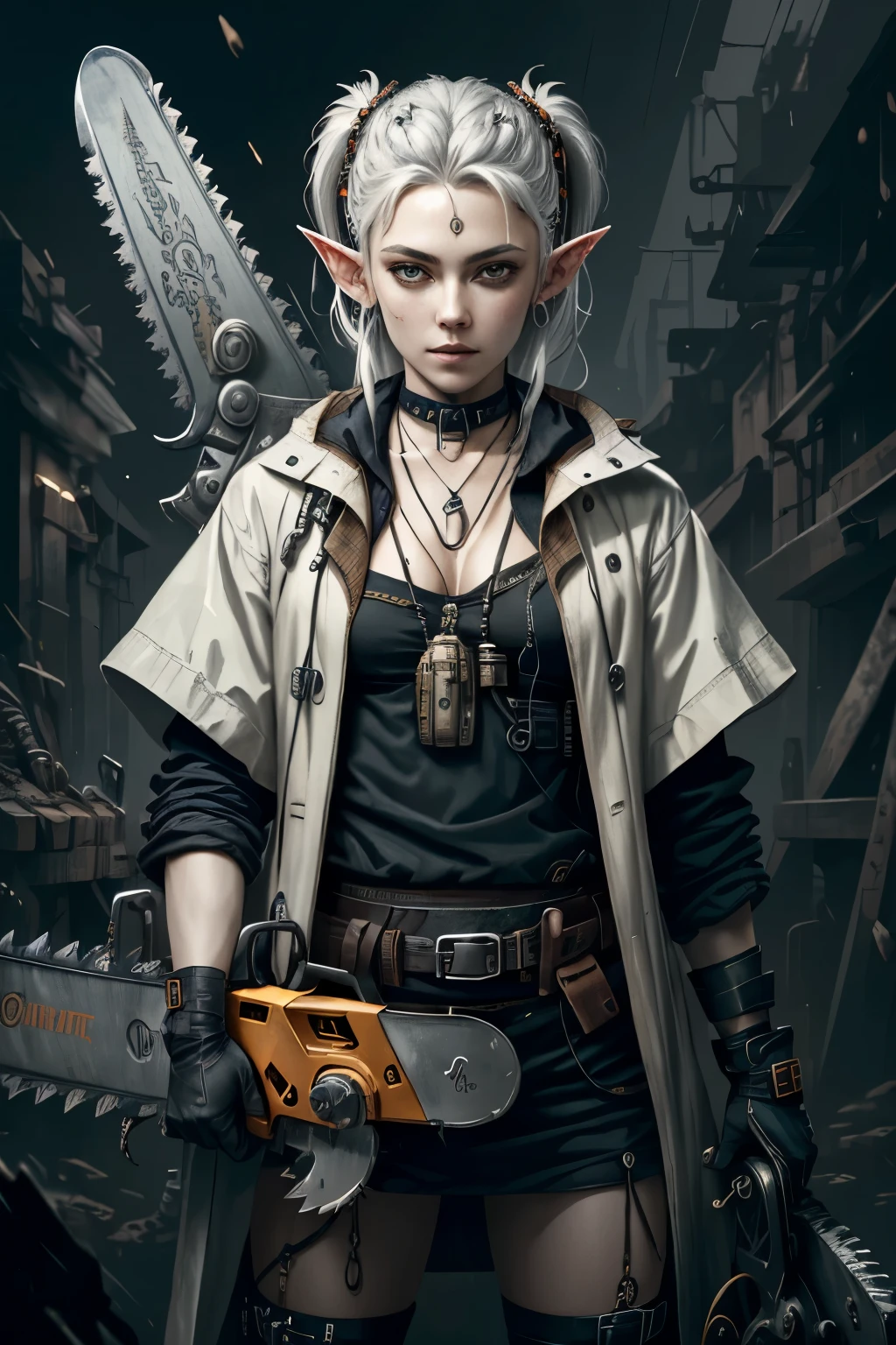 (best quality, masterpiece, highres:1.2), detailed, beautiful elf, long silver twin tails, (holding the big chainsaw:1.2), dirty shirt, transparent raincoat, industrial punk, PunkAI, posing