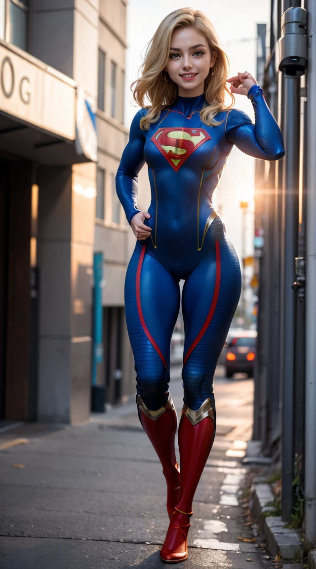 (Muscular:1.6), (thick thighs:1.4),
blonde female, supergirl, big smile,
earrings, lipstick, eyeshadow,
small breasts,
(full body suit, bodysuit:1.6),
looking at viewer, three quarter view, upper body view,
flying, in midair, rim lighting, two tone lighting, dim lighting, bokeh, detailed skin, detailed eyes