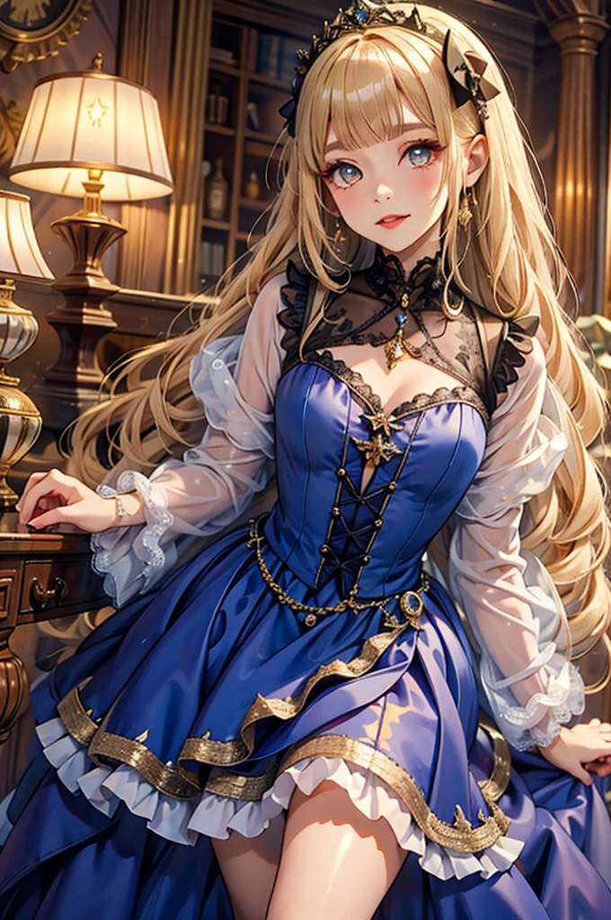 rapide: Résolution 8k, traits délicats, , célibataire, élèves uniques, sourire, blond, coupe princesse, ornement de cheveux en ruban, broche, Robe bleu bonbon brillante, broderie dorée,Style lolita, style gothique, face au public, salle des otakus, démon femelle, Petite largeur des lèvres, les lèvres sont petites, expression gênée, 