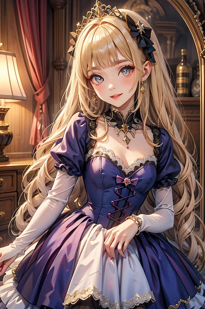 prompt: 8K resolution, Delicate features, , single, Unique pupils, smile, blonde, Princess Cut, Ribbon hair ornament, brooch, Shiny candy blue dress, Gold embroidery,Lolita Style, Gothic style, Facing the audience, Otaku Room, Female demon, Small lip width, lips are small, Embarrassed expression, 