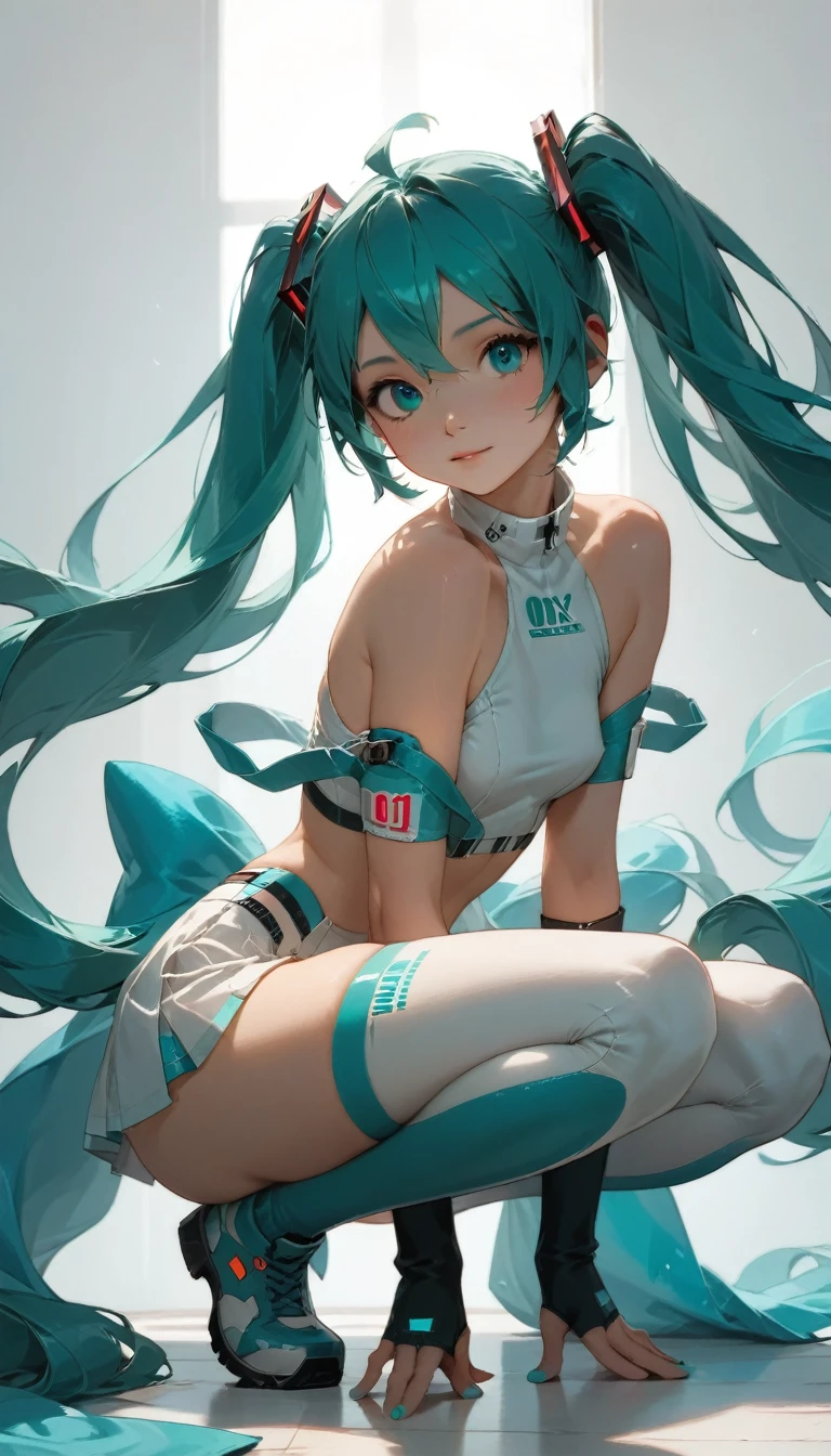 RAW Photos、Blue-green hair,Dual Horsetail,sexy,Adorable,Small eyes、Expressionless,Squat,Twin tails、hatsune miku、Official Art，unity 8k wallpaper，Very detailed，Beautiful works，Highest quality，Realistic,Photo level、Highest quality、Best image quality、masterpiece、