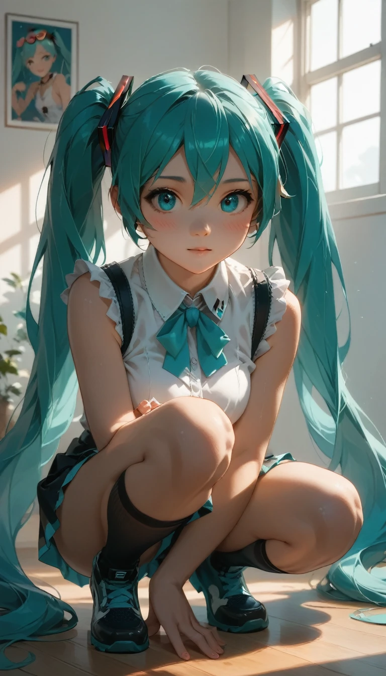RAW Photos、Blue-green hair,Dual Horsetail,sexy,Adorable,Small eyes、Expressionless,Squat,Twin tails、hatsune miku、Official Art，unity 8k wallpaper，Very detailed，Beautiful works，Highest quality，Realistic,Photo level、Highest quality、Best image quality、masterpiece、