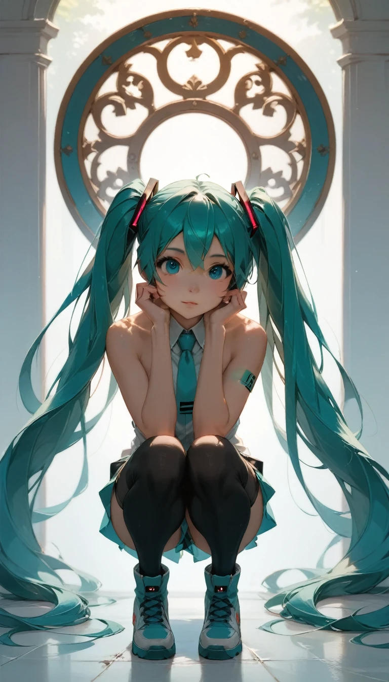 RAW Photos、Blue-green hair,Dual Horsetail,sexy,Adorable,Small eyes、Expressionless,Squat,Twin tails、hatsune miku、Official Art，unity 8k wallpaper，Very detailed，Beautiful works，Highest quality，Realistic,Photo level、Highest quality、Best image quality、masterpiece、